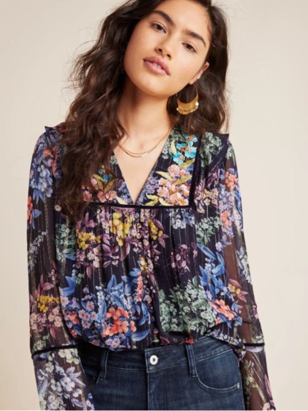Anthropologie Vineet Bahl Dark Floral Embroidered Vivienne Blouse metallic sz S